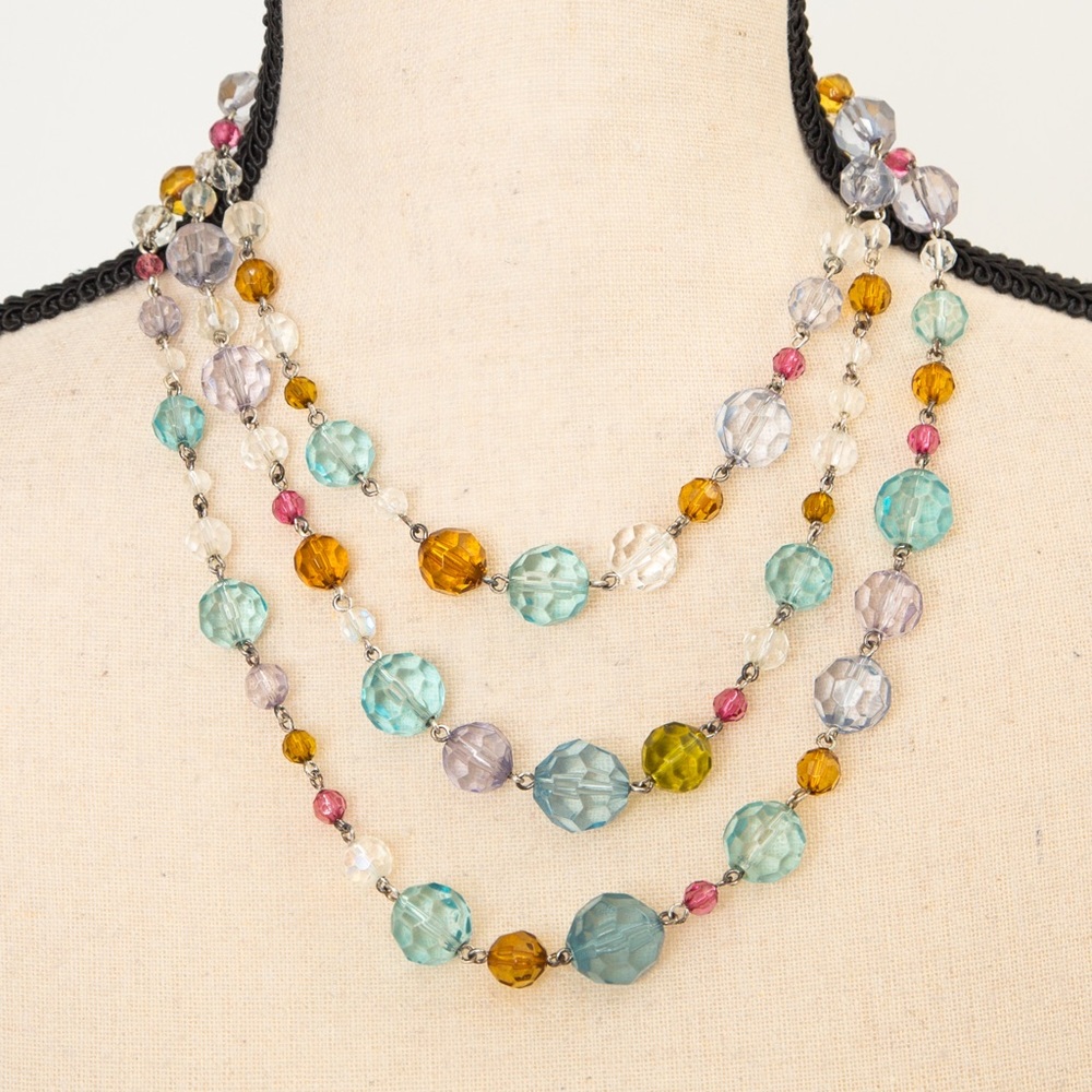 Beaded cluster necklace colored beads clear, aqua & pink & gold layered 3 strand